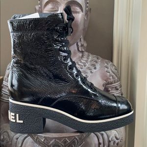 Chanel combat boots shiny black calf rubber sole logo sold out sz 38.5